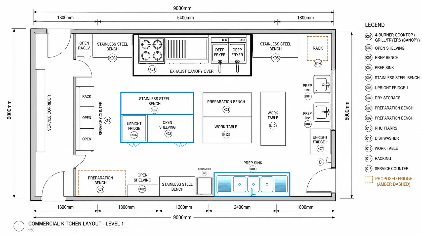 A dimensioned commercial kitchen layout at 1:50 with K-numbered equipment, an auto-generated legend, blue selected items and amber dashed client proposals